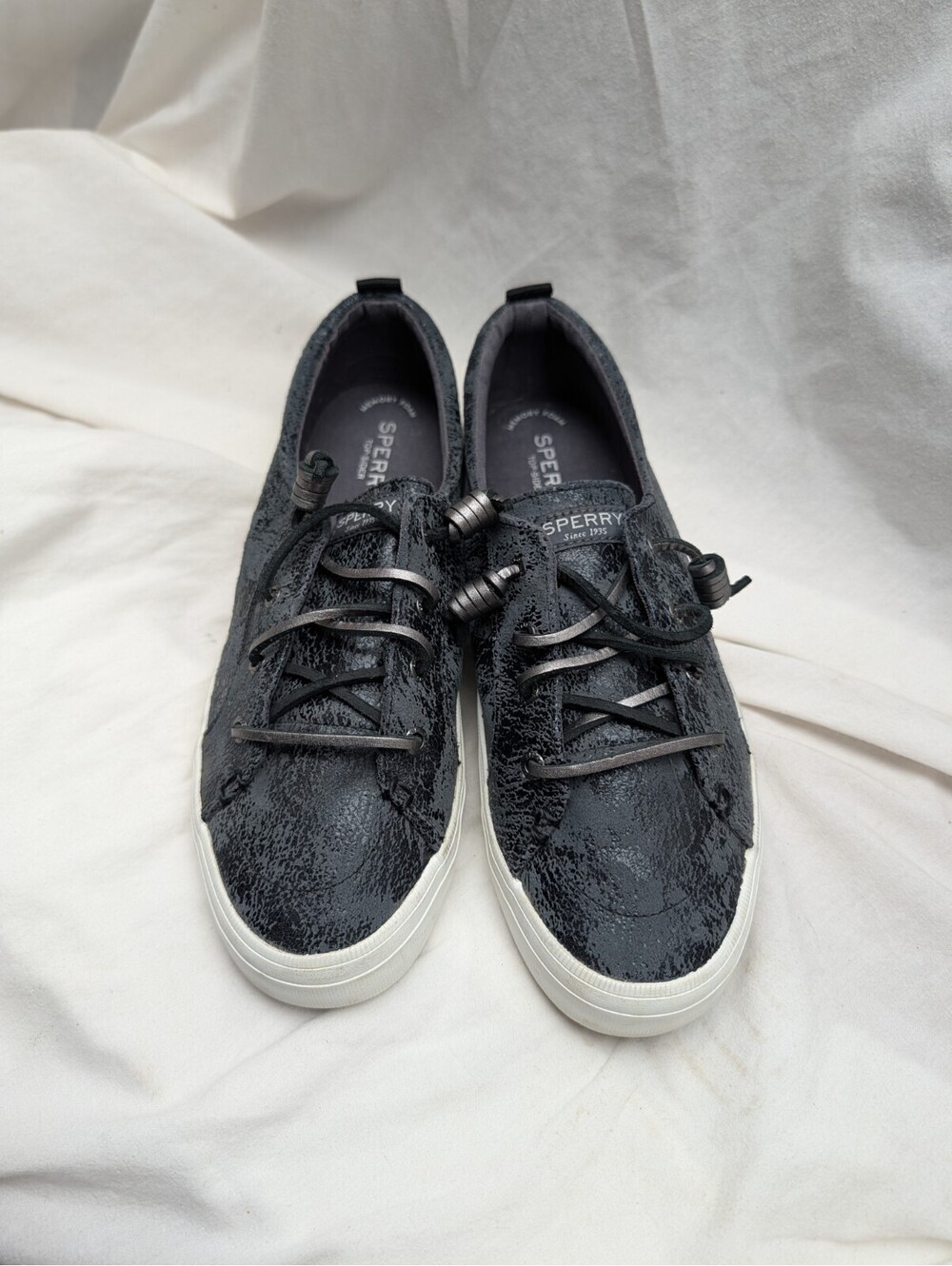 Sperry Womens Crest Vibe Black Painted Leather Lace-up Low Top Sneakers Size 9.5